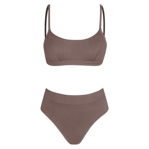 Cupshe Bikini Ribbed Scoop Neck Bralette High Waist 2 Piece Brown Womens Small - Picture 3 of 8